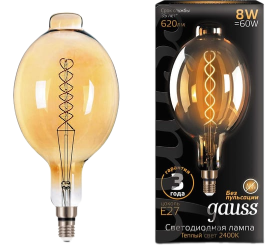 Лампа светодиодная филаментная Gauss E27 8W 2400K золотая 152802008 купить с доставкой по РФ