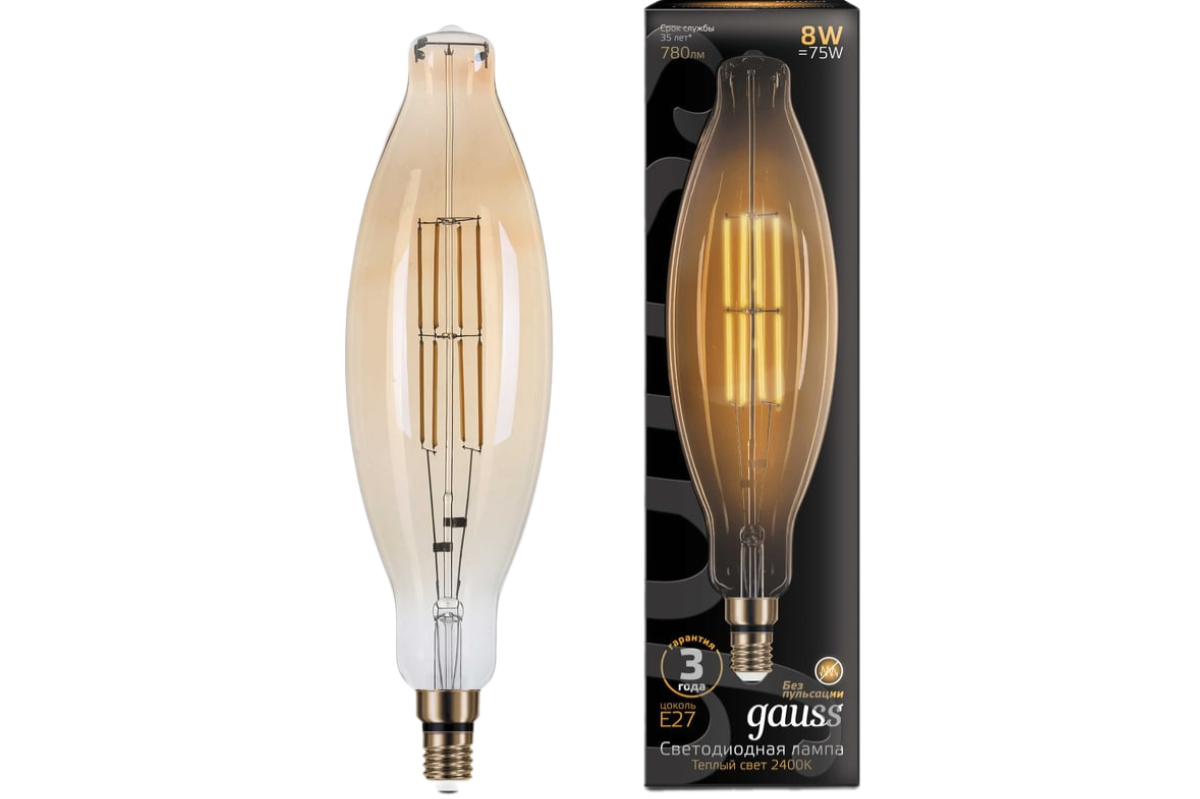 Лампа золотая эллипс светодиодная филаментная Gauss E27 8W 2400K 155802008