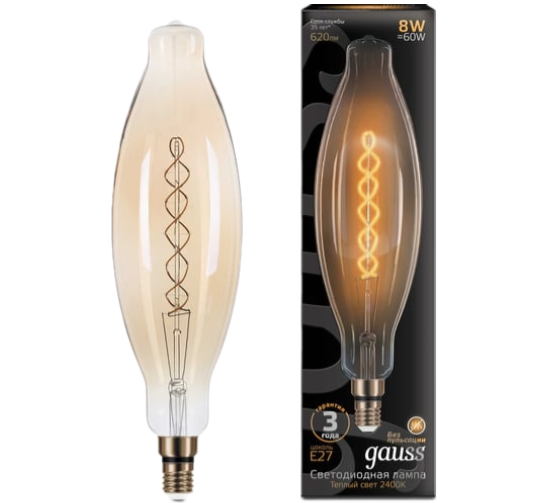 Лампа золотая эллипс светодиодная филаментная Gauss E27 8W 2400K 156802008 купить с доставкой по РФ