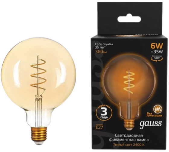 Лампа светодиодная филаментная Gauss E27 6W 2400K золотая 158802008