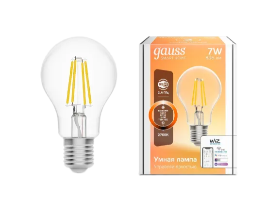 Лампа светодиодная диммируемая филаментная Gauss Smart Home Filament E27 7W 2700K прозрачная 1200112 купить с доставкой по РФ