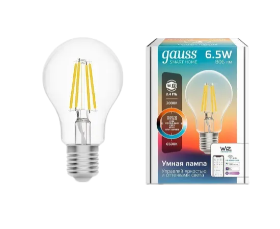 Лампа светодиодная диммируемая филаментная Gauss Smart Home Filament E27 6,5W 2000-6500K прозрачная 1220112