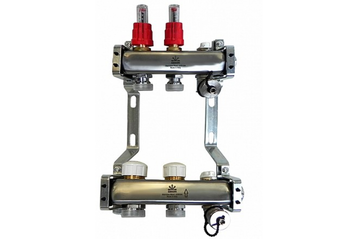 Коллекторный блок Gekon для теплого пола 1"x3/4"EU отверстий-2, в комплекте: расходомеры, термостат. клапаны, слив, Gekon_Armatura