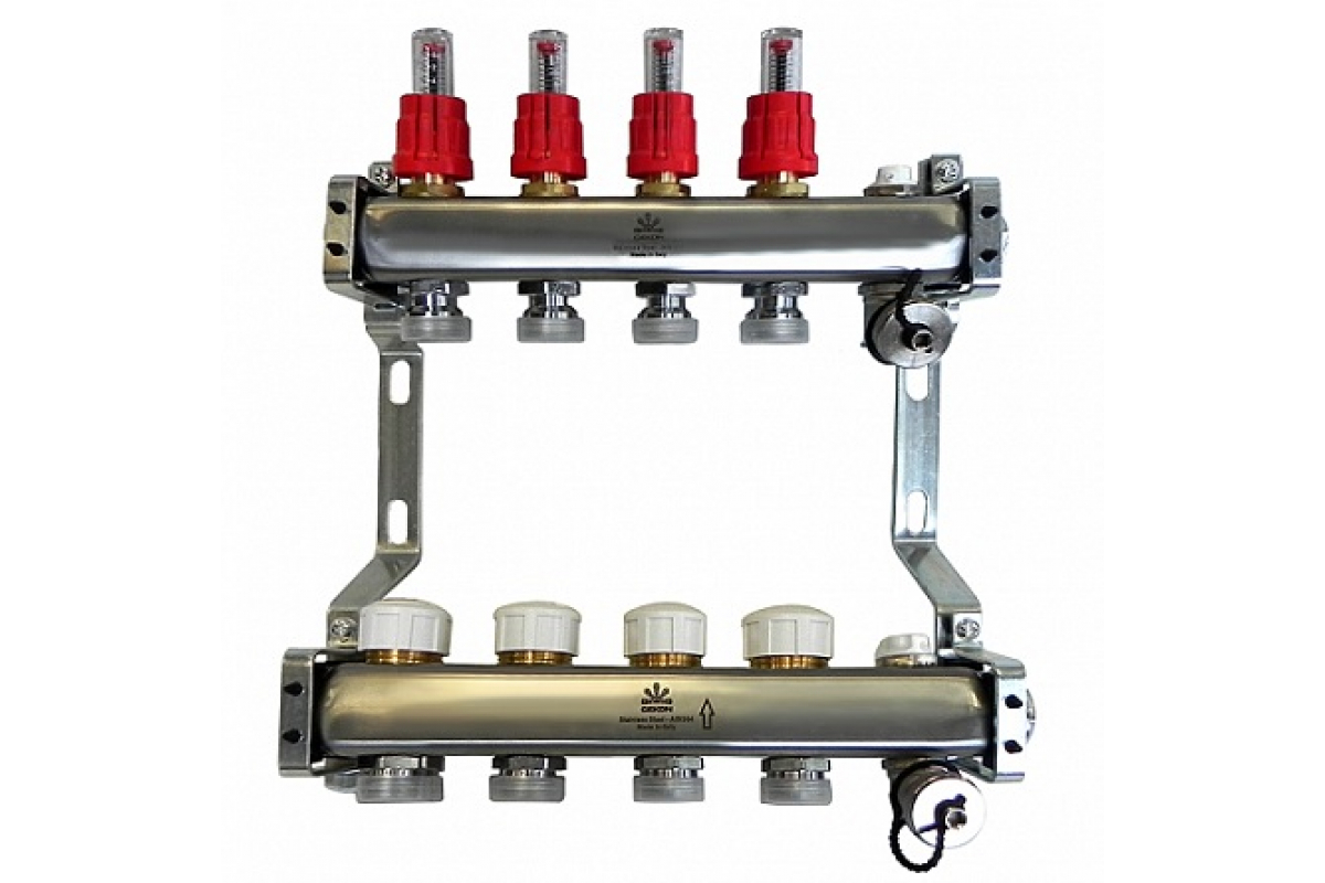 Коллекторный блок Gekon для теплого пола 1"x3/4"EU отверстий-4, в комплекте: расходомеры, термостат. клапаны, слив, Gekon_Armatura