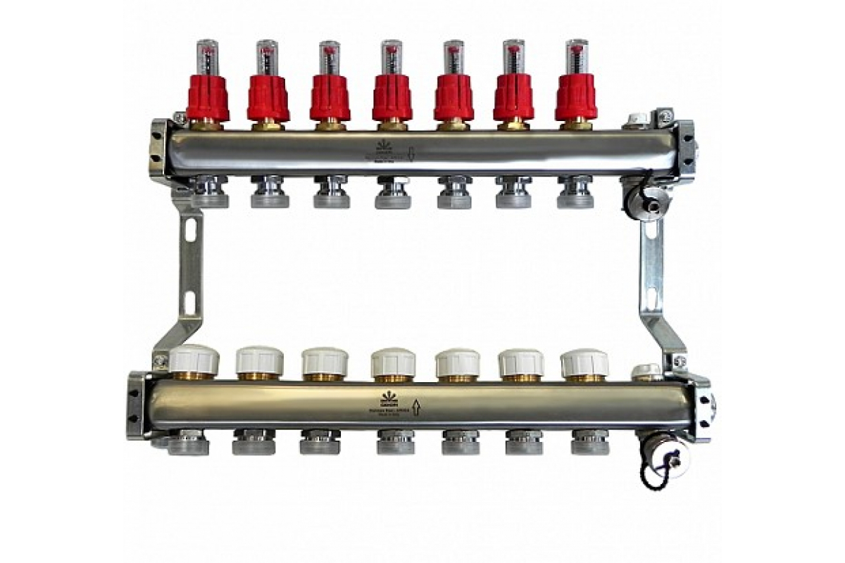 Коллекторный блок Gekon для теплого пола 1"x3/4"EU отверстий-7, в комплекте: расходомеры, термостат. клапаны, слив, Gekon_Armatura