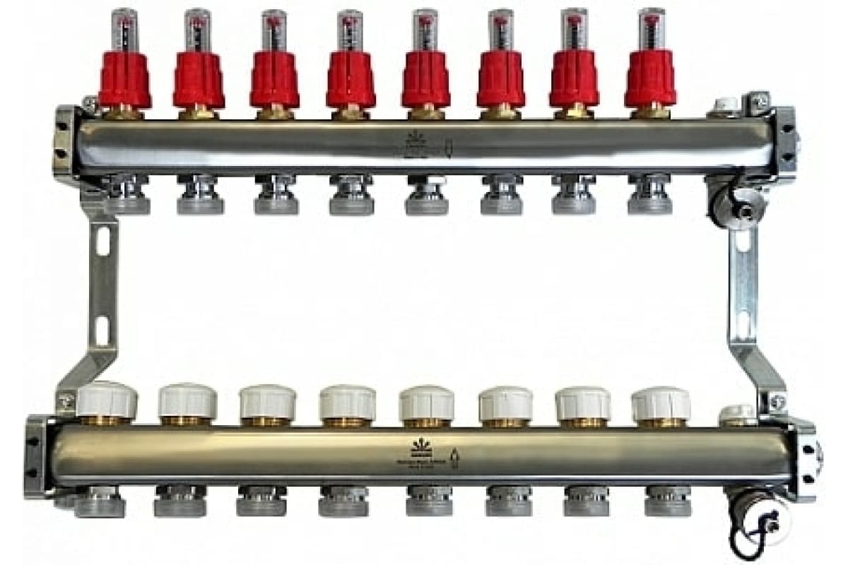 Коллекторный блок Gekon для теплого пола 1"x3/4"EU отверстий -8, в комплекте: расходомеры, термостат. клапаны, слив, Gekon_Armatura