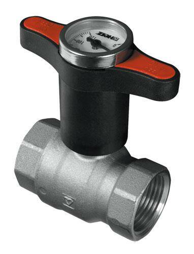 Кран шаровой Herz MODUL ВР-ВР 1/2" PN25 с термометром, ручка красная никель