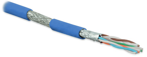Кабель витая пара Hyperline SFTP4-C6A-S23-IN-LSZH-BL-500 (500 м),  одножильный (solid), каждая пара в фольге, общий экран - медная оплетка, для внутренней прокладки, нг(A)-HF, –20°C – +60°C, синий купить с доставкой по РФ