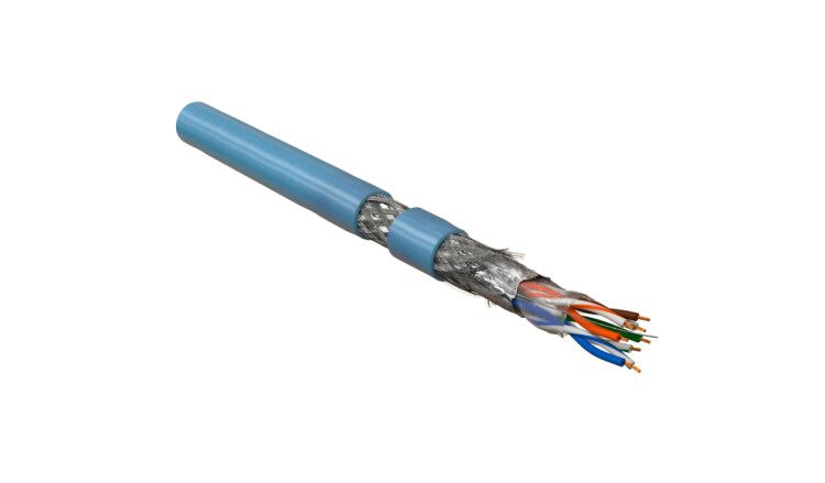 Hyperline SFUTP4-C5E-P26-IN-PVC-BL-305 (305 м) Кабель витая пара, экранированная SF/UTP, категория 5e, 4 пары (26 AWG), многожильный (patch), экран - фольга + медная оплетка, PVC, –20°C – +75°C, синий купить с доставкой по РФ