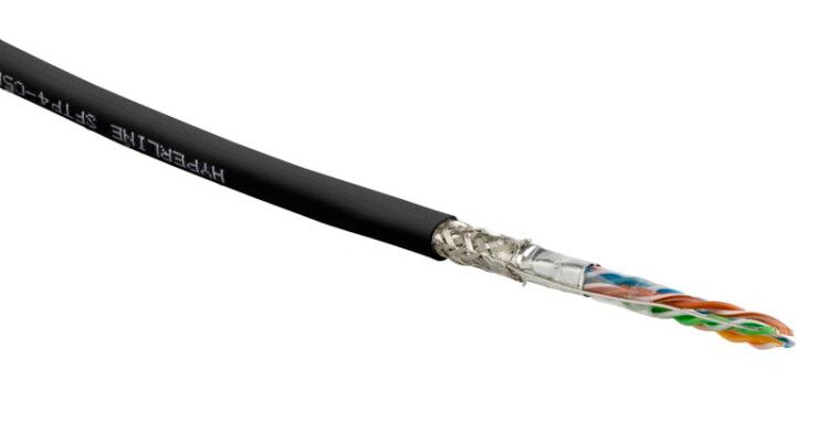 Hyperline SFUTP4-C5E-S24-IN-PVC-BK-305 (305 м) Кабель витая пара SF/UTP, категория 5e, 4 пары(24 AWG), одножильный(solid), экран - фольга + медная оплетка, PVC, –20°C – +75°C, черный купить с доставкой по РФ