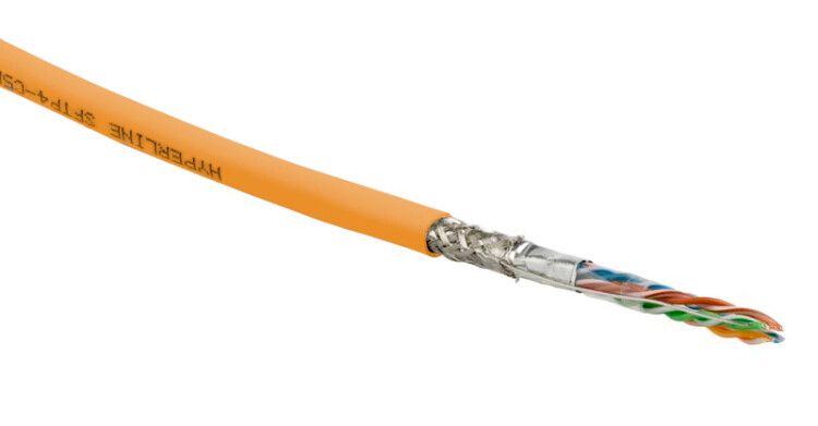Hyperline SFUTP4-C5E-S24-IN-PVC-OR-305 (305 м) Кабель витая пара SF/UTP, категория 5e, 4 пары(24 AWG), одножильный(solid), экран - фольга + медная оплетка, PVC, –20°C – +75°C, оранжевый купить с доставкой по РФ