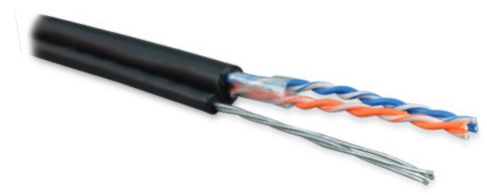 Кабель витая пара Hyperline UUTP2-C5-S24-SW-OUT-PE-BK-500 (UTP2-C5E-SOLID-SW-OUTDOOR-40) (500 м)  одножильный (solid), с металлическим тросом, внешний, PE, -40°C– +60°C, черный купить с доставкой по РФ