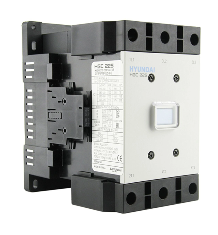 Магнитный контактор HYUNDAI HGC225 22NS F440 225А 132кВт при АС3 (380-440В) кат. 380В АC 2НО+2НЗ купить с доставкой по РФ