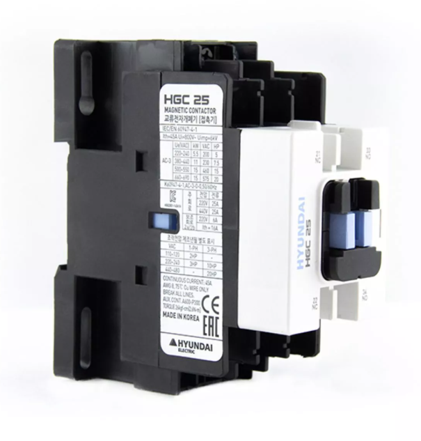 Магнитный контактор HYUNDAI HGC25 11NS X380 25А 11 кВт при АС3 (380-440В) кат. 380В АC 1НО+1НЗ купить с доставкой по РФ