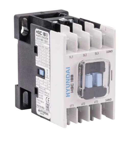Магнитный контактор HYUNDAI HGC18B 10NS X380 18А 7.5 кВт при АС3 (380-440В) кат. 380В АC 1НО купить с доставкой по РФ