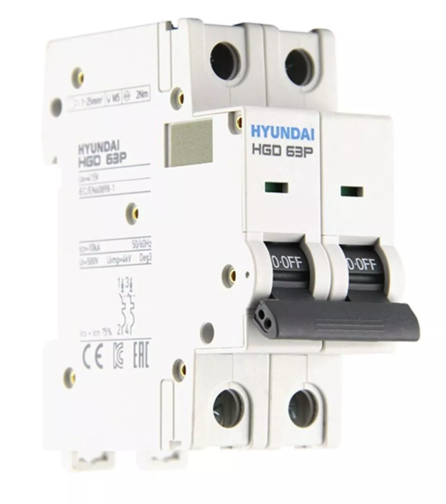 Автоматический выключатель HYUNDAI HGD63P 2PMCS0000C 00004 2 полюса, 4А, ток к.з. 10kA, хар-ка C (STANDARD) купить с доставкой по РФ