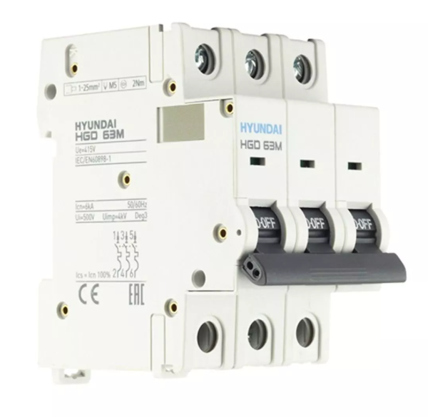 Автоматический выключатель HYUNDAI HGD63-M 3PMBS0000C 00020 3 полюса, 20А, ток к.з. 6kA, хар-ка B (STANDARD) купить с доставкой по РФ