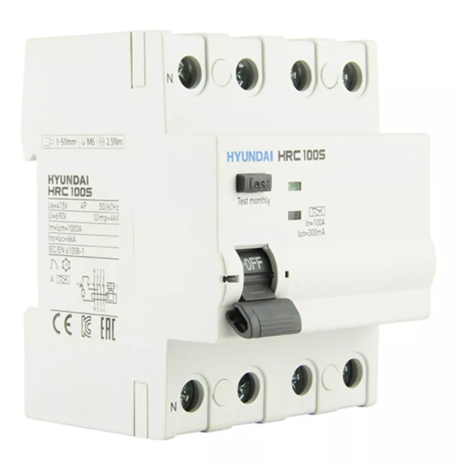 Устройство защитного отключения HYUNDAI HRC100S 4PG4S0000C 00100F 4 полюса, 100A, 30mA (STANDARD), тип A купить с доставкой по РФ