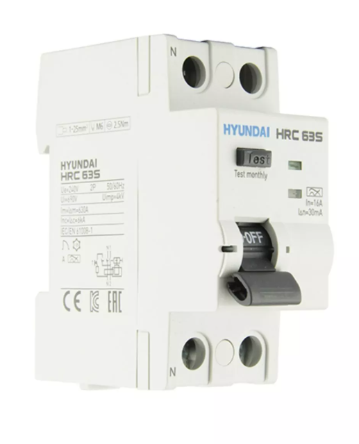 Устройство защитного отключения HYUNDAI HRC63S 2PG7S0000C 00063F 2 полюса, 63A, 300mA (STANDARD), тип A купить с доставкой по РФ