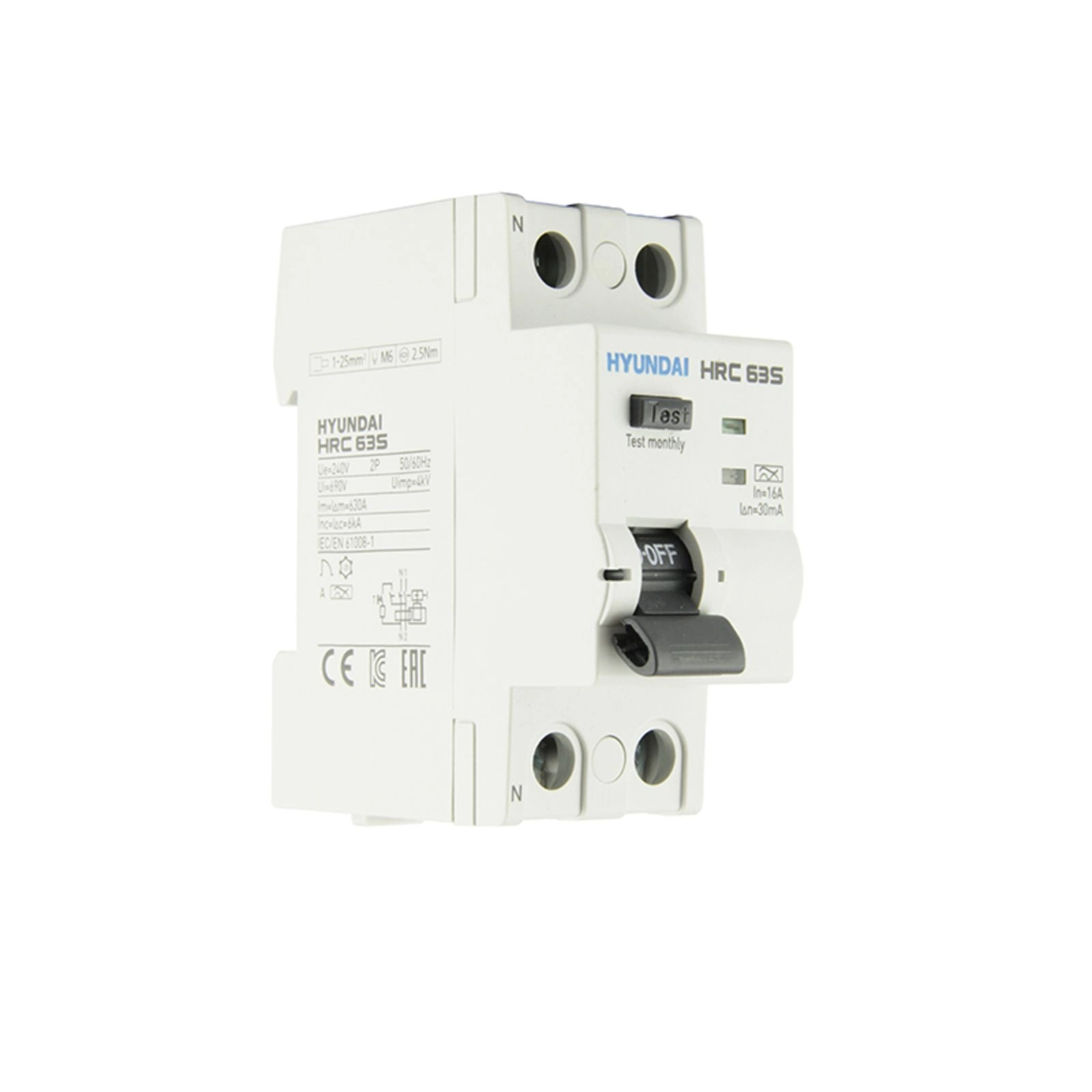 Устройство защитного отключения Hyundai HRC63S 2PG2S0000C 00016F 2 полюса, 16A, 10mA (STANDARD), тип A