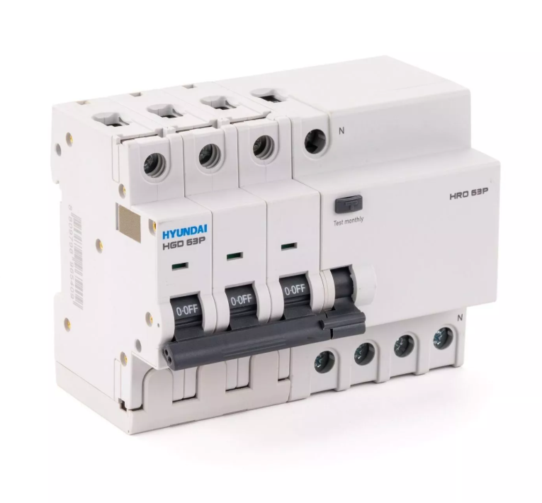 Дифференциальный автомат HYUNDAI HRO63P 3NG4C0000C 00010G 3 полюса + нейтр., 10A ток, к.з. 10kA,30mA, тип AC (STANDARD) купить с доставкой по РФ