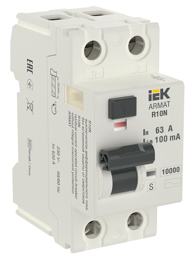 Выключатель дифференциального тока IEK ARMAT R10N 2P 63А 100мА тип AC-S