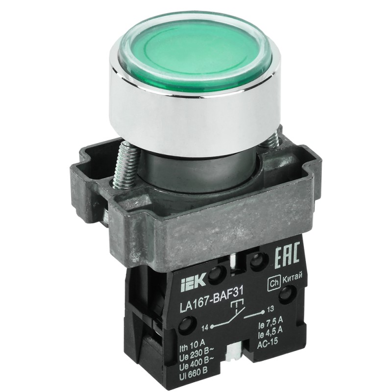 Кнопка управления IEK LA167-BAF31, d=22мм, 1NO, зелёная