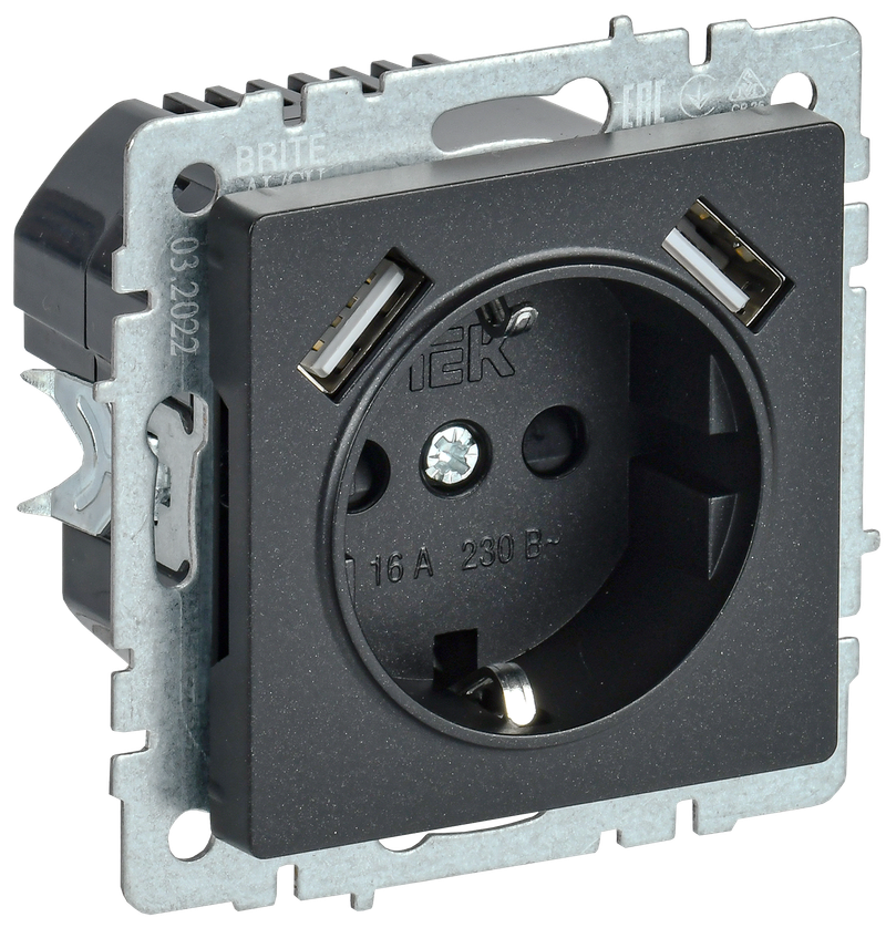 Розетка IEK BRITE с з/к/ш 16А с USB A+A 2,1А РЮш10-1-БрЧ черный
