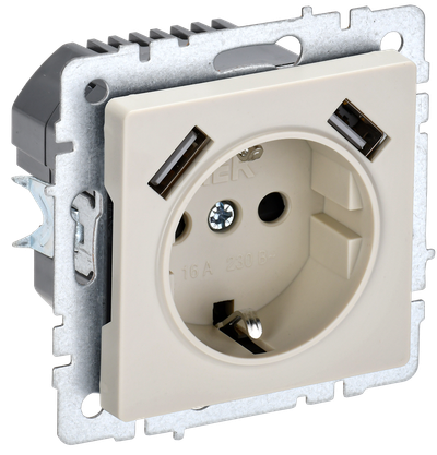 Розетка IEK BRITE с з/к/ш 16А с USB A+A 2,1А РЮш10-1-БрКр бежевый