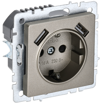 Розетка IEK BRITE с з/к/ш 16А с USB A+A 2,1А РЮш10-1-БрШ шампань