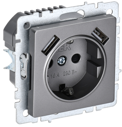 Розетка IEK BRITE с з/к/ш 16А с USB A+A 2,1А РЮш10-1-БрС сталь