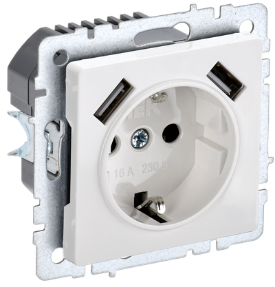 Розетка IEK BRITE 1-местная с заземлением с защитными шторками 16А с USB A+A 5В 3,1А РЮш10-2-БрБ белый купить с доставкой по РФ