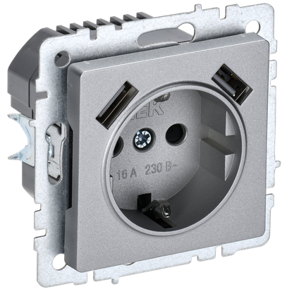 Розетка IEK BRITE с з/к/ш 16А с USB A+A 3,1А РЮш10-2-БрА алюминий.
