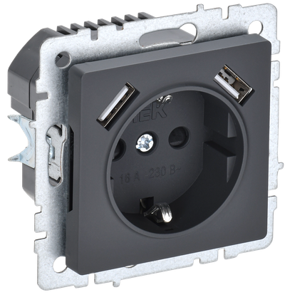 Розетка IEK BRITE 1-местная с заземлением с защитными шторками 16А с USB A+A 5В 3,1А РЮш10-2-БрГ графит