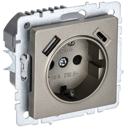 Розетка IEK BRITE с з/к/ш 16А с USB A+C 18Вт РЮш11-1-БрШ шампань
