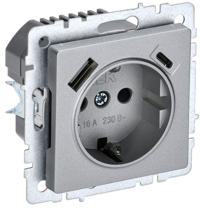Розетка IEK BRITE с з/к/ш 16А с USB A+C 18Вт РЮш11-1-БрА алюминий