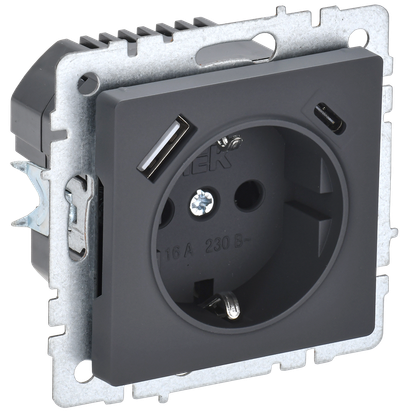Розетка IEK  BRITE с з/к/ш 16А с USB A+C 18Вт РЮш11-1-БрГ граф.