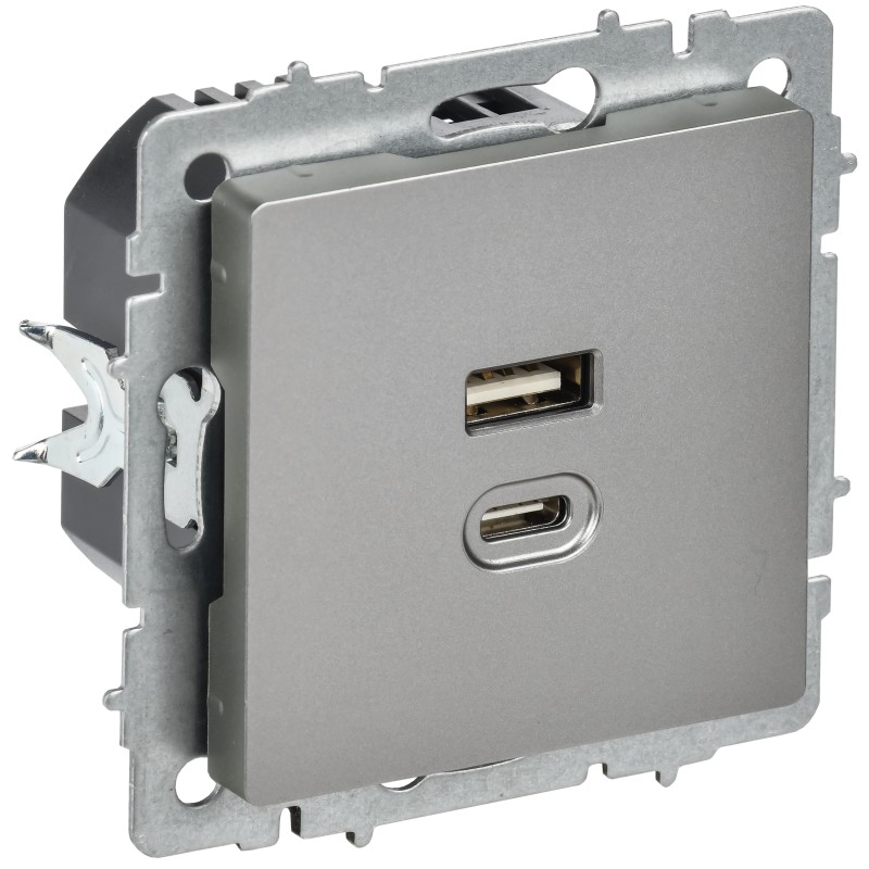 Роз. IEK BRITE USB A+C 45Вт высокоск. зар. РЮ11-2-БрС сталь