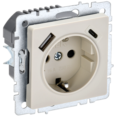Розетка IEK BRITE с з/к/ш 16А с USB A+C 18Вт РЮш11-1-БрКр бежевый