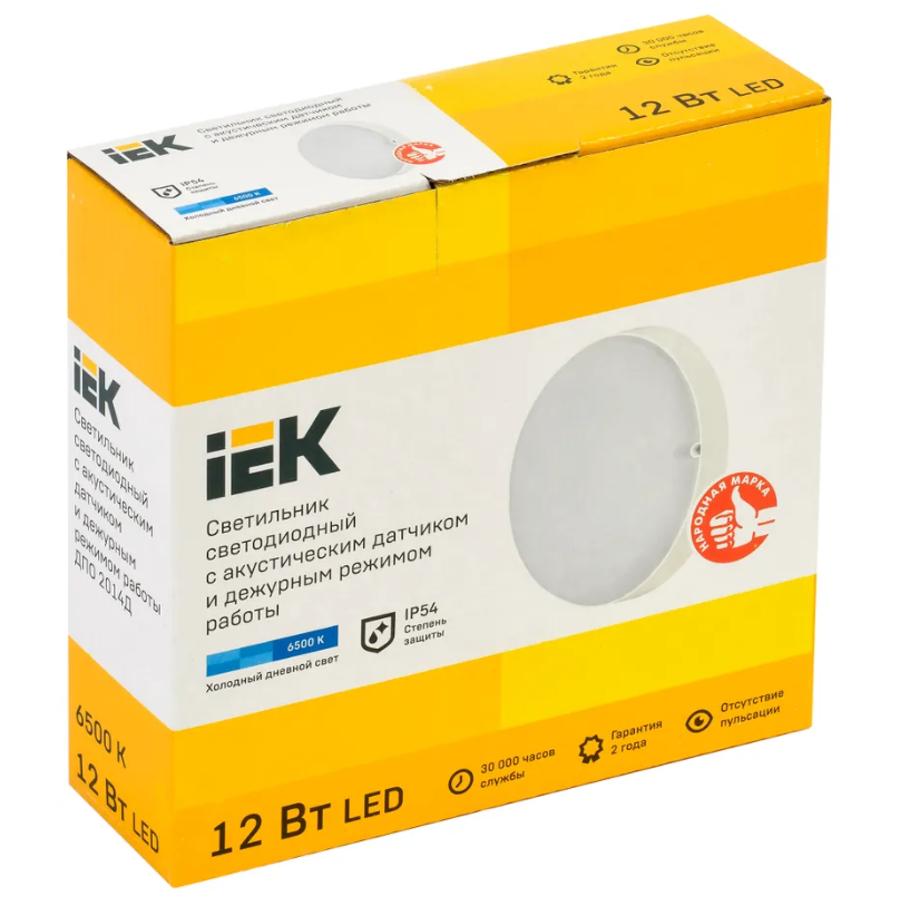 Светильник светодиодный IEK ДПО 2014Д 12Вт IP54 6500К дежурный режим круг белый с акустическим датчиком заказать со складов по всей России