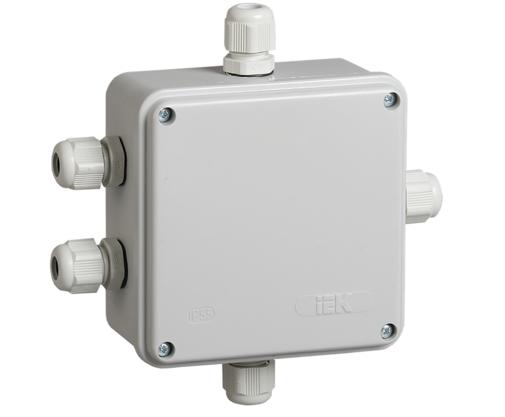 Коробка распаячная КМ41330 для открытой проводки 100х100х50мм IP55 (RAL 7035, гермовводы PG9 5шт) IEK UKO10-100-100-050-K51-55