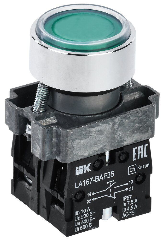 Кнопка LA167-BAF35 d=22мм 1з+1р зеленая BBT20-BAF35-3-22-67-K06 IEK