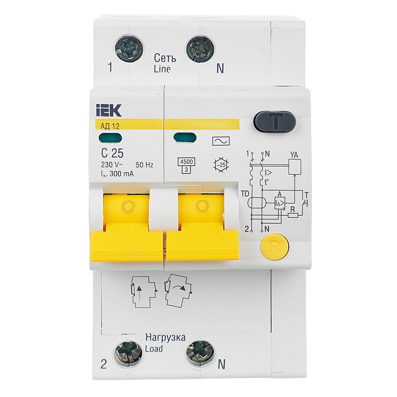 Выключатель автоматический дифференциальный IEK АД-12 2п 25А 300мА С MAD10-2-025-C-300 купить с ближайшего склада