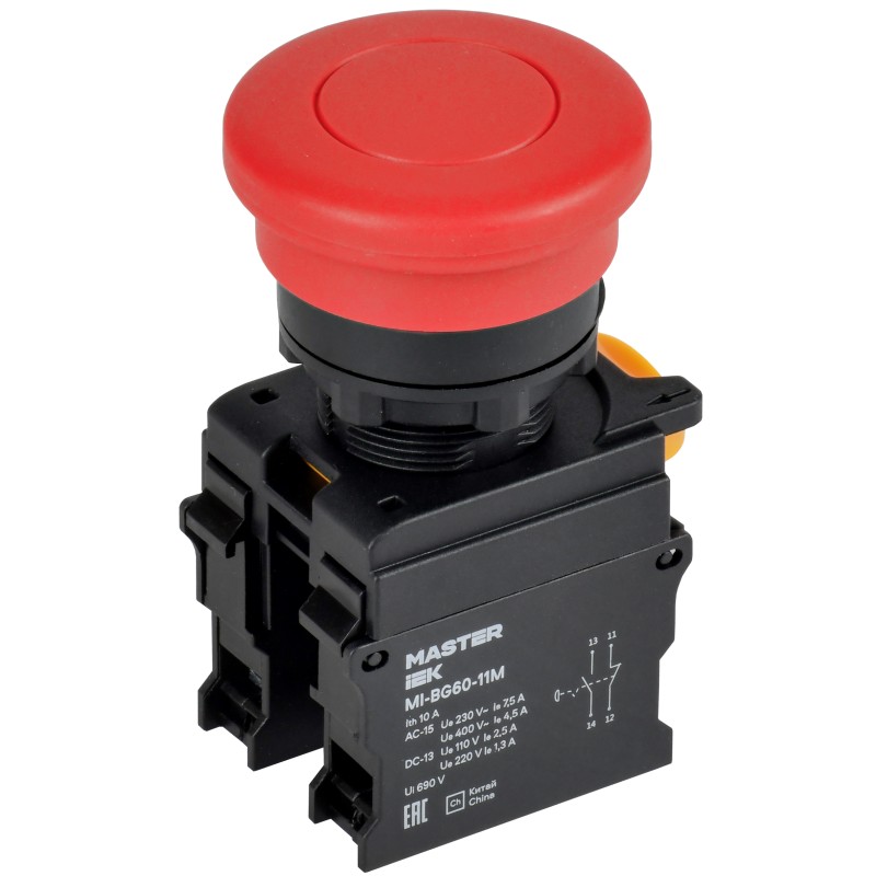 Кнопка грибок с фиксацией IEK MASTER, d=22мм, 1NO+1NC, красная