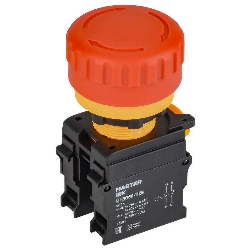 Кнопка грибок поворотная с фиксацией IEK MASTER, d=22мм, 1NO+1NC, красная