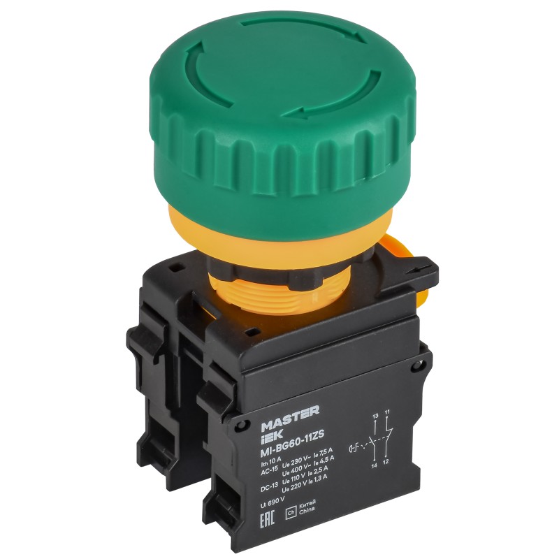 Кнопка грибок поворотная с фиксацией IEK MASTER, d=22мм, 1NO+1NC, зелёная