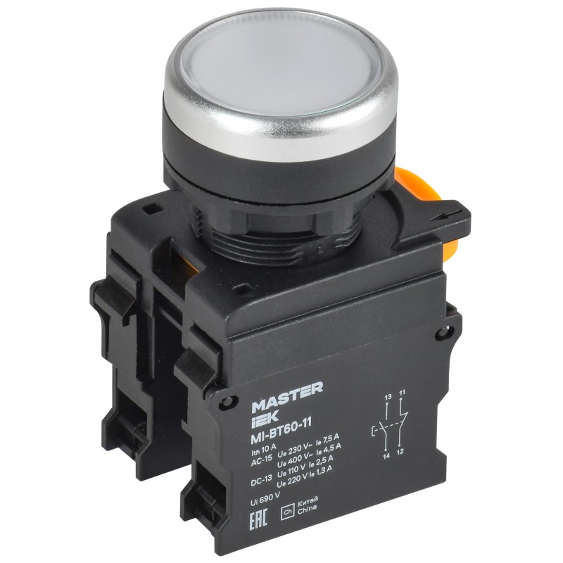 Кнопка IEK MASTER, d=22мм, 1NO+1NC, белая