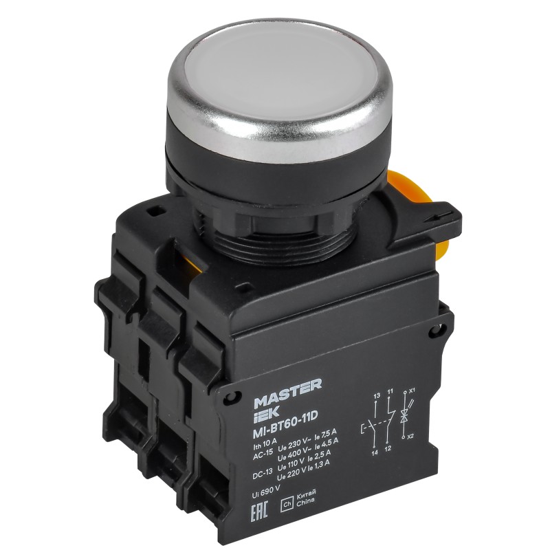Кнопка с подсветкой IEK MASTER, d=22мм, 1NO+1NC, белая купить с доставкой по РФ