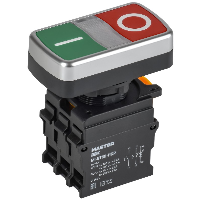 Кнопка I-O с подсветкой IEK MASTER, d=22мм, 1NO+1NC