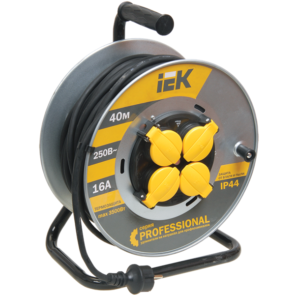 Удлинитель на катушка IEK "Professional" 4х40м УК40 на мет. барабане с термозащ. КГ 3х2.5 IP44